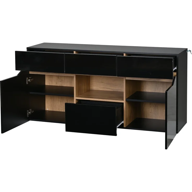 DESVIAE Sideboard mit 4 Schubladen und LED-Beleuchtung 140x70x40 cm Spanplatte Schwarz/Naturholz – Bild 9