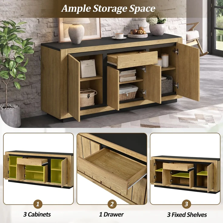Sideboard 140 x 40 x 60 cm aus MDF in Holzoptik und Schwarz, mit 4 Türen und 1 Schublade – Bild 8