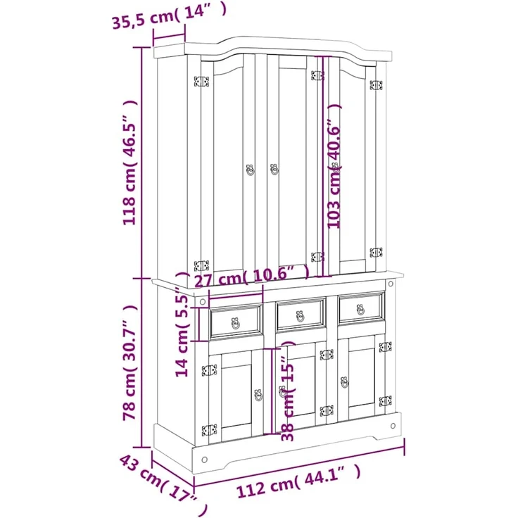 vidaXL Highboard Corona 112x43x196 cm Massivholz Mexikanische Kiefer 355086 – Bild 9