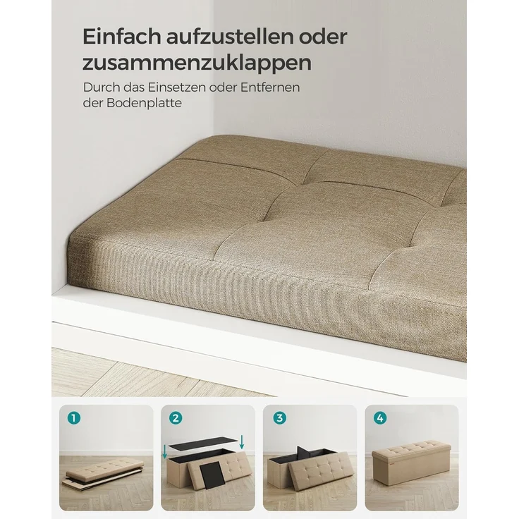 SONGMICS Sitzhocker mit Stauraum, klappbare Sitzbank, 38 x 110 x 38 cm Fußbank, Aufbewahrungsbox, bis 300 kg belastbar, für Wohnzimmer Schlafzimmer Flur, Kamelbraun LSF077R01 – Bild 8