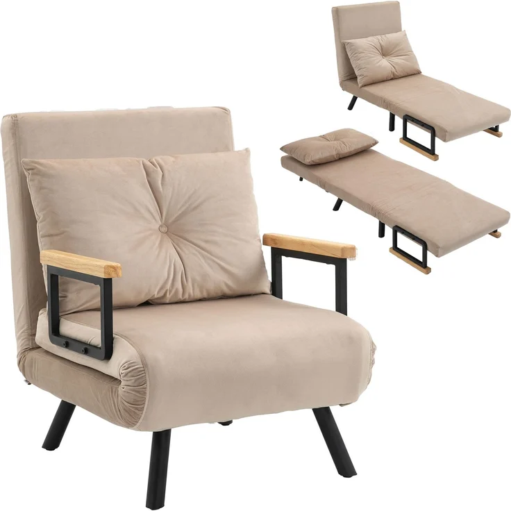 JARDJ 3-in-1-Schlafsofa mit 5-fach verstellbarer Rückenlehne, Armlehnen und Kissen aus Holz, Bezug in Samtoptik, beige – Bild 1