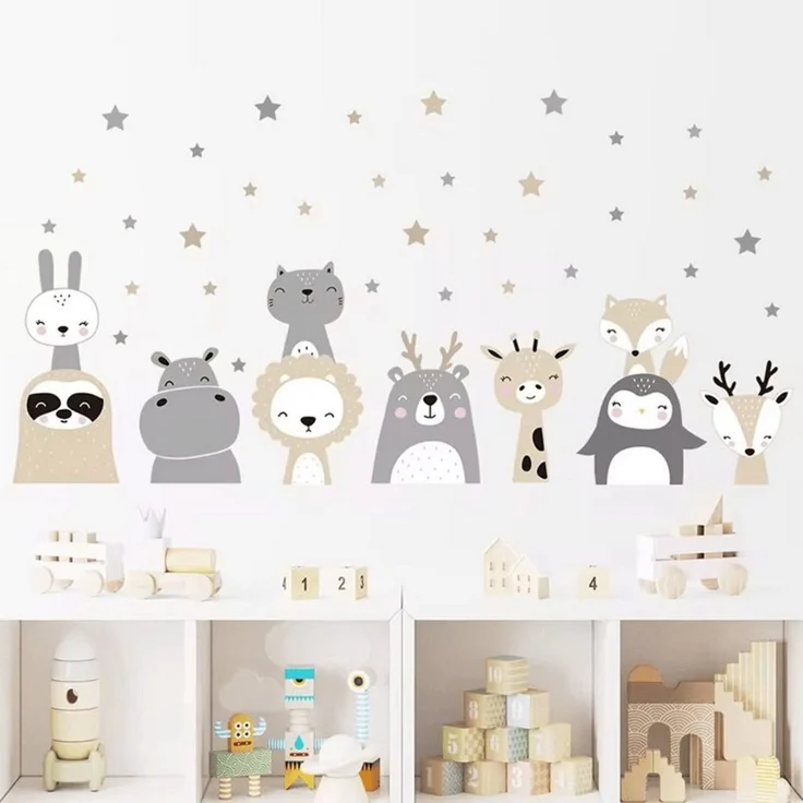 Montegoni Wandtattoo Niedliche Tier Cartoons Wandsticker für Kinderzimmer, Kindergarten (Süße Löwe Kaninchen Giraffe Pinguin Waldtiere Sterne Wandaufkleber, Wanddeko für kinderzimmer, Babyzimmer, Kindergarten usw), 60x30cm selbstklebende Aufkleber, rüc... – Bild 1