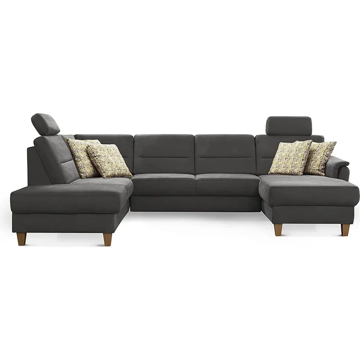 CAVADORE U-Form-Sofa Palera / Federkern-Wohnlandschaft mit 2 Kopfstützen / 314 x 89 x 212 / Mikrofaser, Grau