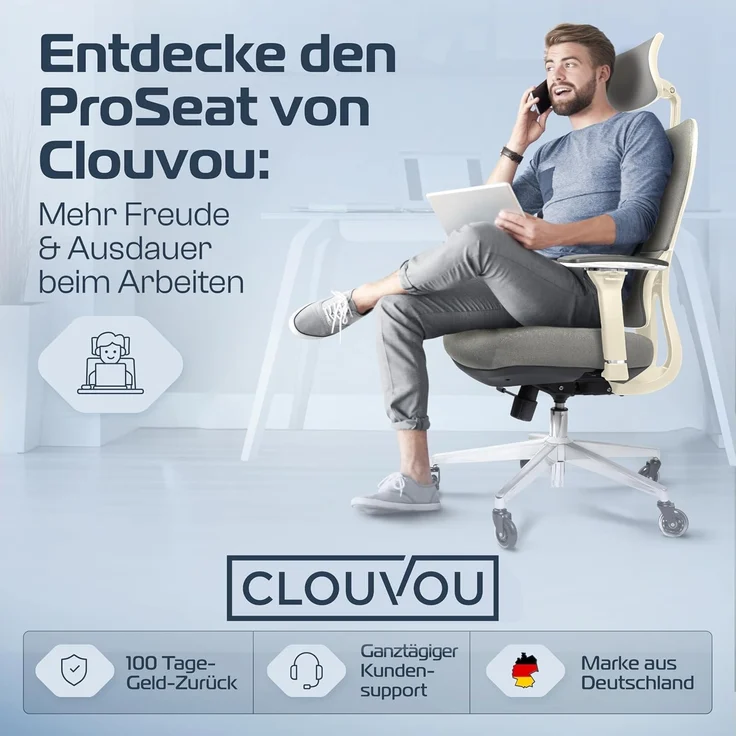 CLOUVOU ProSeat Bürostuhl Ergonomisch [TESTSIEGER] Schreibtischstuhl 100% individuell einstellbar | Büro Stuhl & Gaming Stuhl | Computerstuhl Home Office Chair Ergonomic | Drehstuhl 150 kg – Bild 7