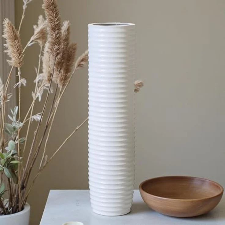 Casablanca Deko Vase groß, weiße Keramik Bodenvase für Pampasgras und Äste, Höhe 58 cm, Rillenstruktur – Bild 5