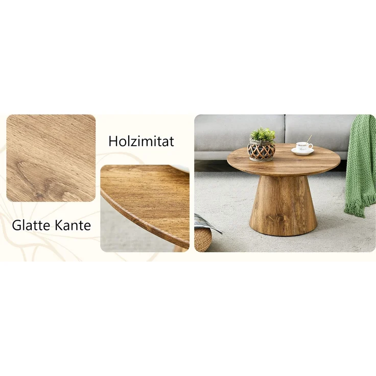 Runder Kaffeetisch in Naturholzoptik (MDF) – 60 cm Durchmesser, 35 cm Höhe. Mit hochwertiger Holzdekorfolie – als Beistelltisch im Wohnzimmer,kleiner Tisch für den Balkon u.v.m.--Holz--60x60x35cm--YOUDENOVA – Bild 5