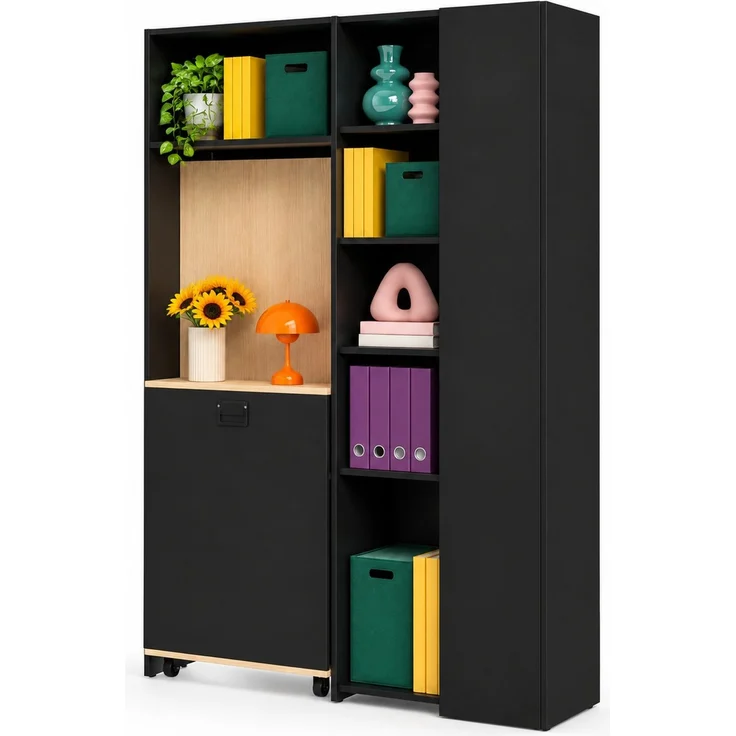 Klappschreibtisch mit Regal, USB-Anschluss & verstellbaren Ablagen, 104,5x30,5x160 cm, Schwarz/Eiche – Bild 6