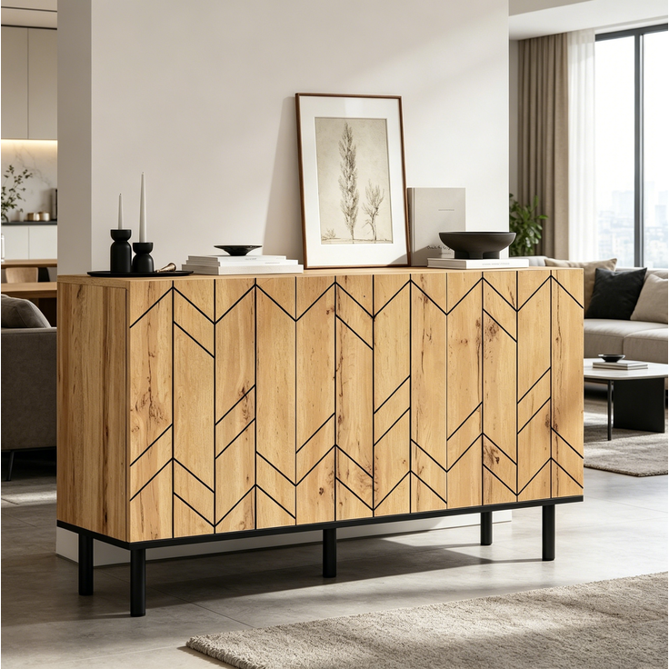 DESVIAE Sideboard Naturholz aus Spanplatte – 120x70x35 cm – 3 Türen, Wellenmuster – Bild 3