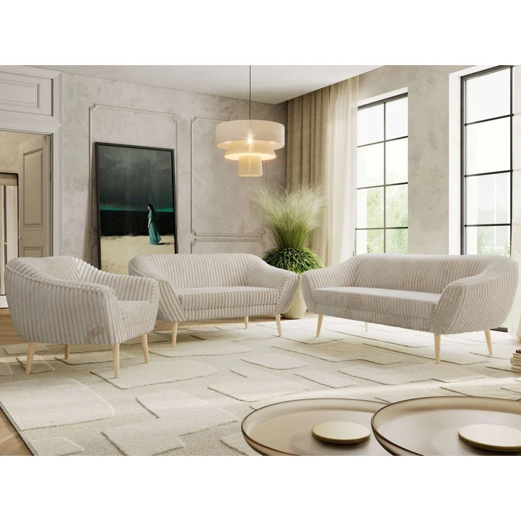 Wohnzimmerset PIRS 1-2-3, Skandinavisches Komplettset, Wellenfederung, Buche Füße, Sitzgruppe, Möbelset - Beige Cord – Bild 4