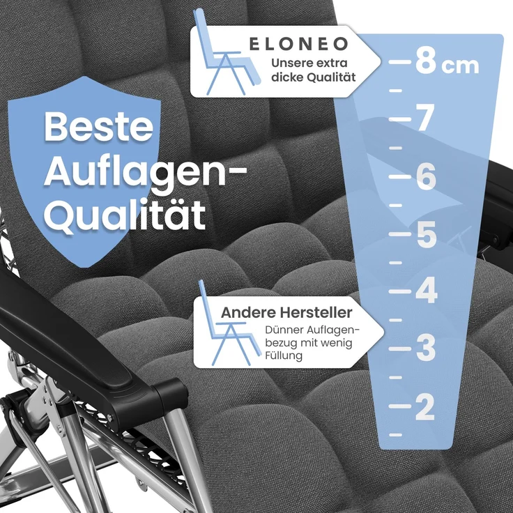 ELONEO Gartenliege mit extra dicker Auflage inkl. Nackenkissen & Getränkehalter, 1 St, Sonnenliege klappbar, 3-stufig verstellbar, bis 200 kg – Bild 5