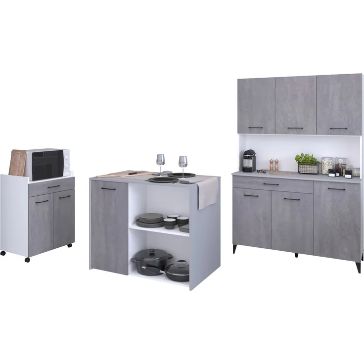 Mehrzweckschrank-Set >Malice 6< (3-teilig) Buffet + Insel + Beistellschrank, Beton Optik hell / weiß