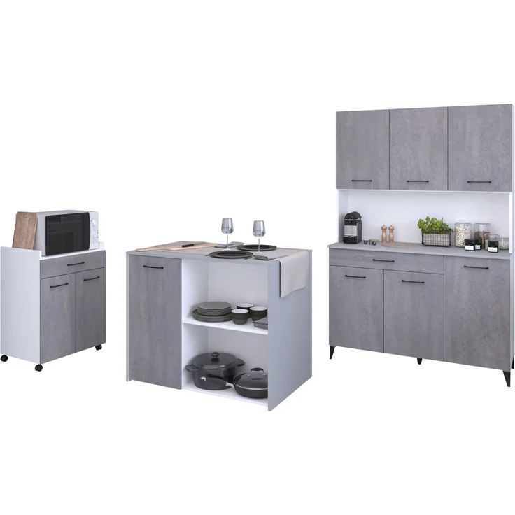 Mehrzweckschrank-Set >Malice 6< (3-teilig) Buffet + Insel + Beistellschrank, Beton Optik hell / weiß – Bild 1