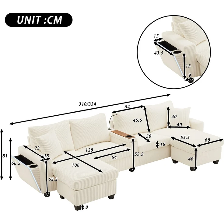 6-Sitzer Wohnlandschaft B 334 x T 128,5 x H 81 cm aus Cord mit USB, Type-C und LED – Bild 5