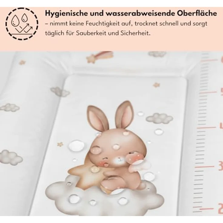 Wickelauflage 50x70 cm, Weiß mit Hase – abwaschbar & wasserdicht, weich für Neugeborene – Wickeltischauflage für Wickelkommode – Baby Wickelunterlage, schnell abwischbar – Bild 6