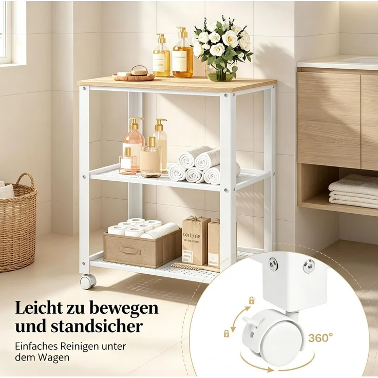 Küchenwagen mit 3 Ablagen und Rollen, 60x40x76 cm, Weiß/Helle Eiche – Bild 5