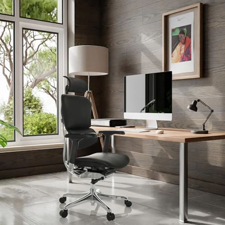 MID.YOU Drehstuhl Schwarz, Echtleder mit Armlehnen, ergonomische Rückenlehne, 78x117 - 136x64 cm – Bild 2