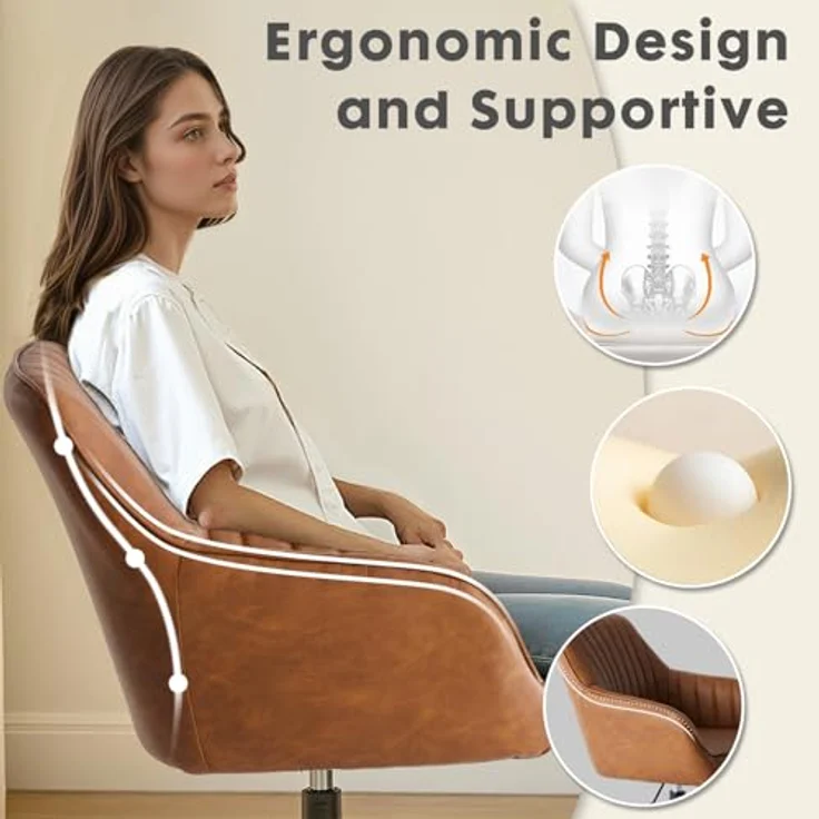 DUMOS Schreibtischstuhl Ohne Rollen, Bürostuhl Vintage PU Stoff, Höhenverstellbar Schminktisch Stuhl, Drehstuhl Kinder, Bis 135 kg Belastbar Desk Chair, für Arbeitszimmer, Schlafzimmer, Braun – Bild 5