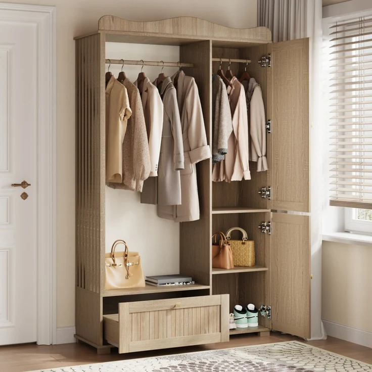 Garderobenschrank mit Spiegel & Offener Kleiderständer – ,Kompaktgarderobe,Praktische Aufbewahrung mit Schublade & 2 Türen, Ideal für Schlafzimmer & Flur--Eiche--115.5x38.5x194.5cm--YOUDENOVA – Bild 3
