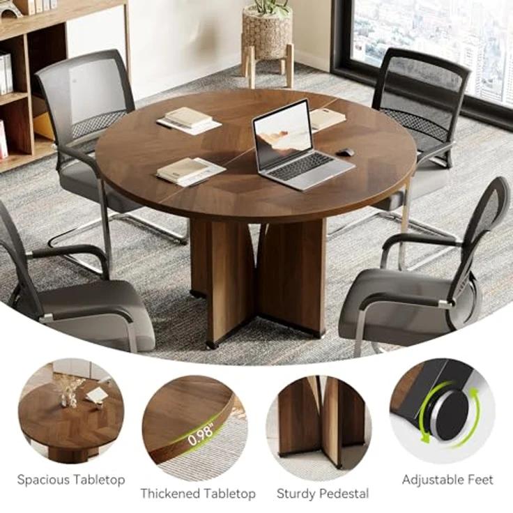 LITTLE TREE Kleiner Konferenztisch (99 cm) für 4 Personen, runder Besprechungstisch mit X-förmigem Fußgestell, für Büro, Konferenzraum, kleine Räume, Dunkelbraun – Bild 6