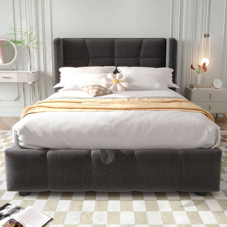 EINHOM Polsterbett 90 x 200 cm, Kinderbett mit Lattenrost, Kopfteil und Pneumatischem Stauraumsystem, Leinenrahmen, Geeignet für Kinder und Jugendliche, Grau, (Ohne Matratze) – Bild 4