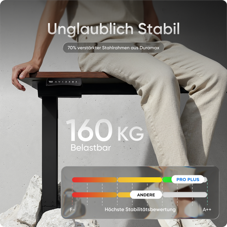 DESKSPACE PRO Plus Elektrisch höhenverstellbarer Schreibtisch, 160x80 cm Stehpult mit Memory-Funktion, Mahagoni Tischplatte, Schwarzes Gestell – Bild 3