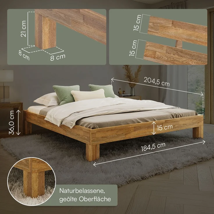skølm 'Floki' Bett 180x200 cm, Bettgestell, natur geölt, Massivholzbett aus Eiche, geeignet als Doppelbett – Bild 5