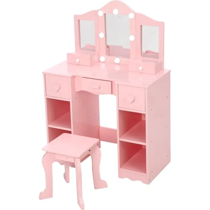 GarveeLife Schminktisch für Kinder, Schminktisch mit Hocker, 3 LED-Spiegel und 5 Schubladen, Schminktisch aus Holz für kleine Mädchen von 3 bis 6 Jahren – 70 x 34 x 100 cm, Rosa
