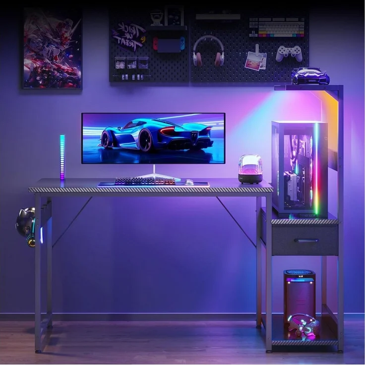 ODK Gamingtisch mit LED-Beleuchtung, Regal & Schublade in Carbon-Optik (1-St), 138 cm Computertisch & Schreibtisch – Bild 4