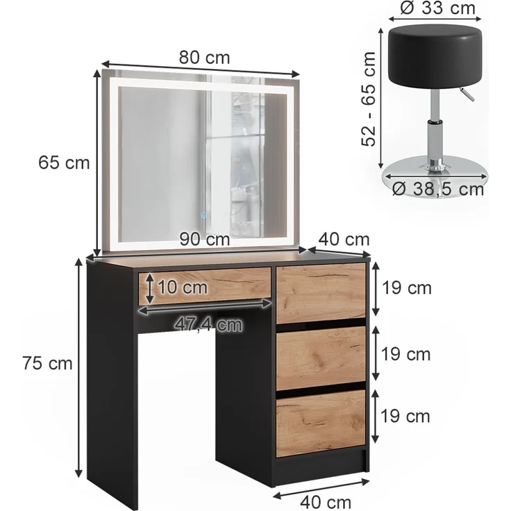 Schminktisch Sherry Anthrazit/Goldkraft Eiche 90 x 75 cm mit LED-Spiegel und Hocker Vicco – Bild 3