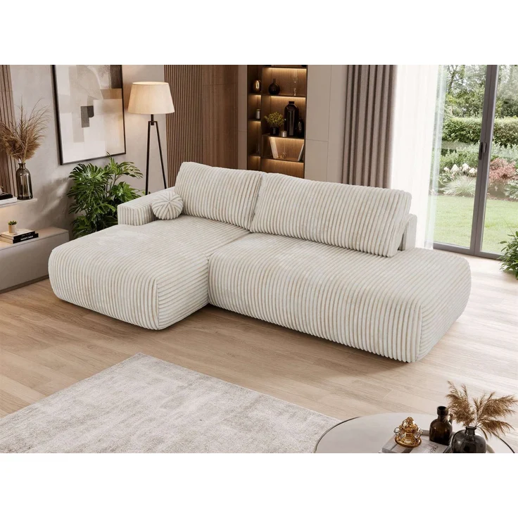 Ecksofa TAREN L mit Schlaffunktion, Bettkasten, DL-Mechanismus, Wellenfederung und freistehendem, Sofa mit Stauraum - Beige Cord - Links – Bild 5