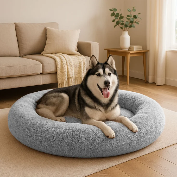 belviona Donut-Hundebett, kuscheliges Plüschbett mit weicher Füllung, sicherem Halt & ergonomischem Rand, 120 cm Durchmesser, hellgrau – Bild 1