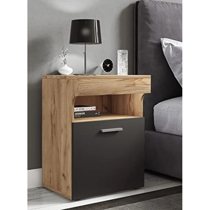 MID.YOU Nachtschrank Anthrazit, Honigeiche, Kunststoff, Drehtüren, 45x61x39 cm – Bild 2