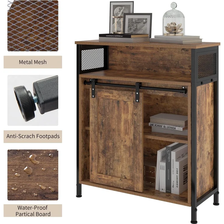 SogesHome Buffets Sideschrank Küchenschrank mit Schiebetür Sideboard mit 3 offenen Fächern für Aufbewahrung für Küchen Wohnzimmer Vintagebraun 70 x 30 x 80 cm – Bild 4