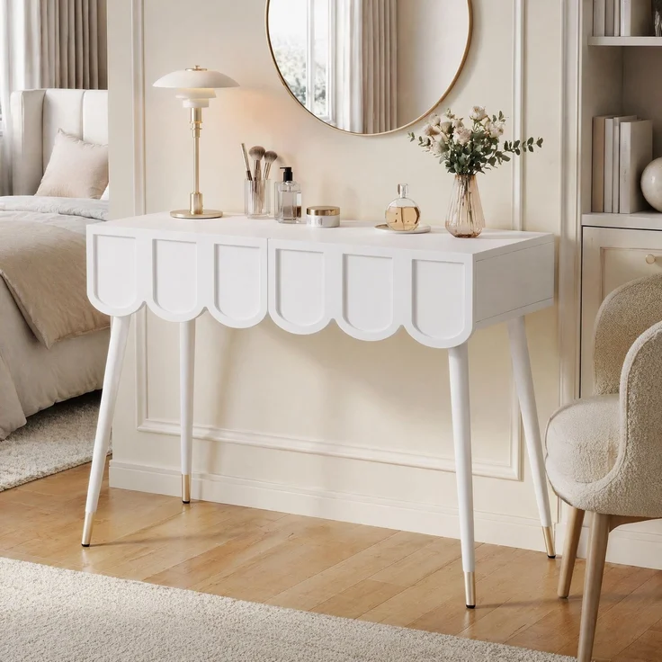 CHICFURN Schminktisch 100x76x40 cm mit 2 Schubladen und Metallfüßen – Weiß – Bild 2