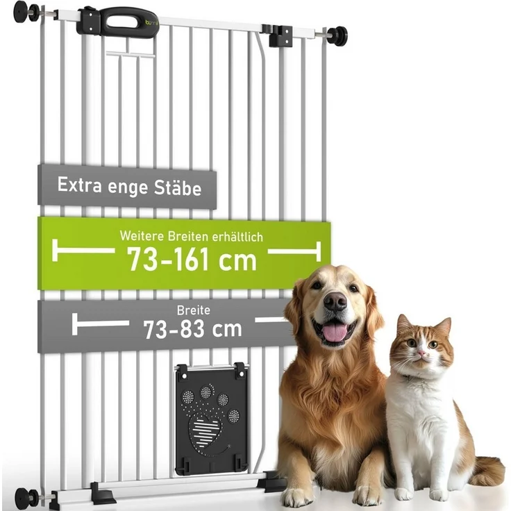 BOMI Türschutzgitter Tierschutzgitter Merle für Hunde 73–161 cm mit Tür, Katzenklappe (ohne Bohren, Verschraubbar, individuell), Tierschutzgitter ohne Bohren – Absperrgitter Tier extra enge Streben – Bild 1