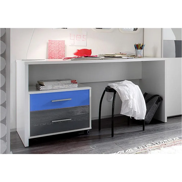 Bega Schreibtisch COLORI weiß inkl. Rollcontainer blau grau