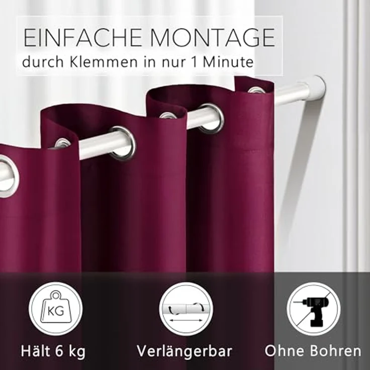 tinycurtains Türvorhang mit Stange weiß 70-120 cm Thermo Vorhang ohne Bohren, blickdicht, Ösen, verdunkelnd, Polyester, bordeaux rot Berry, Türgardine mit Klemmstange Raumtrenner Vorhang Tür – Bild 3