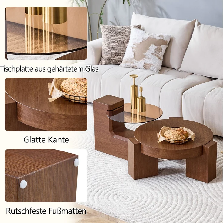 DESVIAE Couchtisch-Set 2-tlg. mit Sicherheitsglas Ø61x30 cm, MDF in Nussbaumoptik, braun – Bild 6