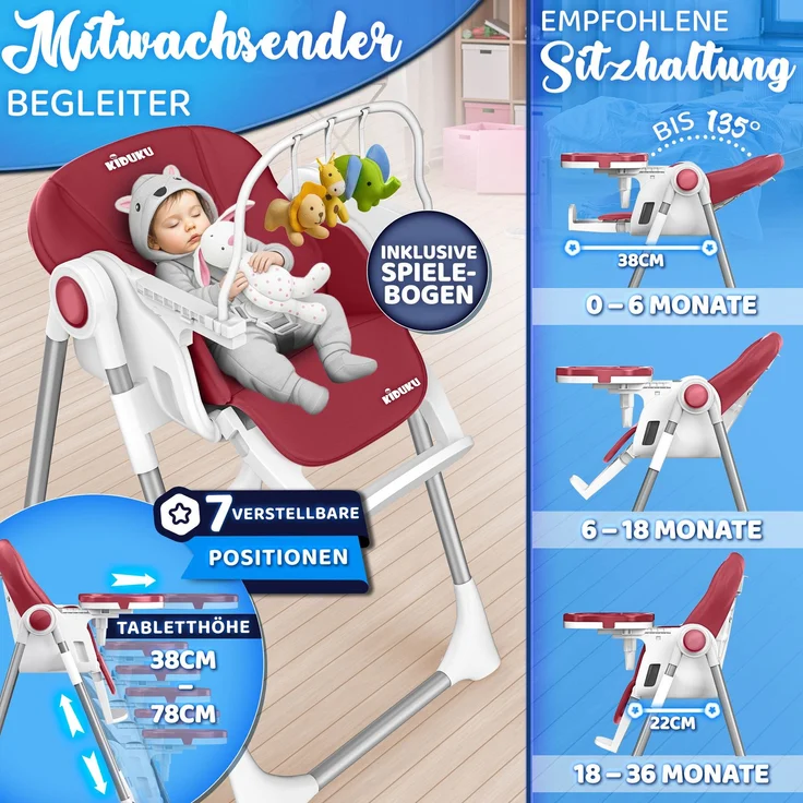 KIDUKU® Hochstuhl Baby 3in1 mit Neugeborenenaufsatz + Lätzchen, Spielbogen & Tisch | Kinderhochstuhl klappbar mit Liegefunktion | Kombihochstuhl höhenverstellbar | Babystuhl mitwachsend 0-36 Monate – Bild 7