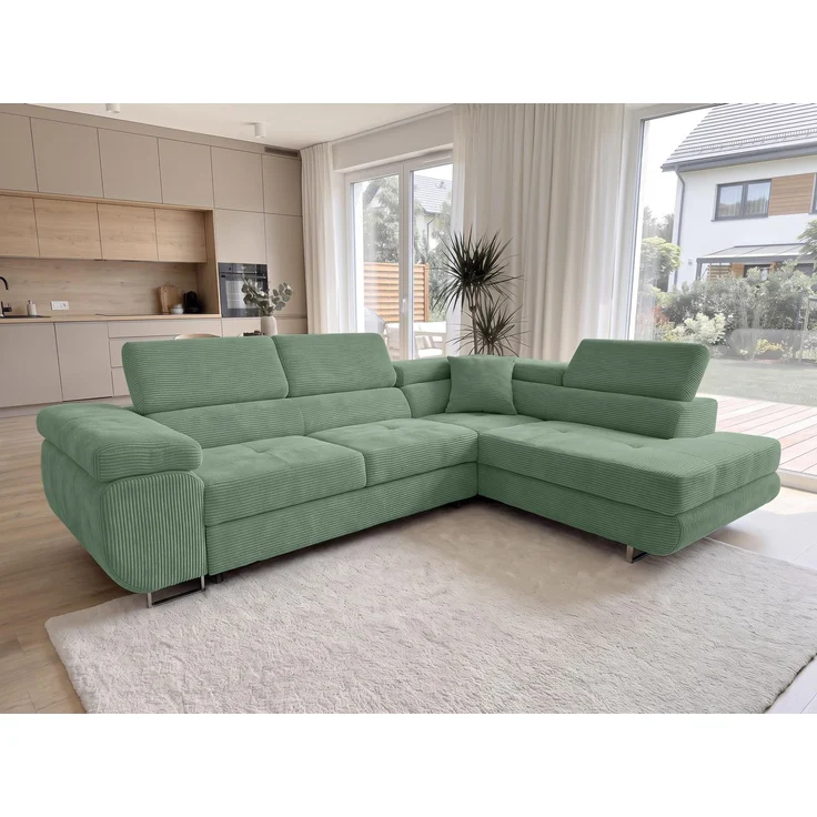 AX LIVING Konak Cord-Ecksofa R Salbeigrün 276 cm breit, Schlaffunktion, Bettkasten – Bild 1