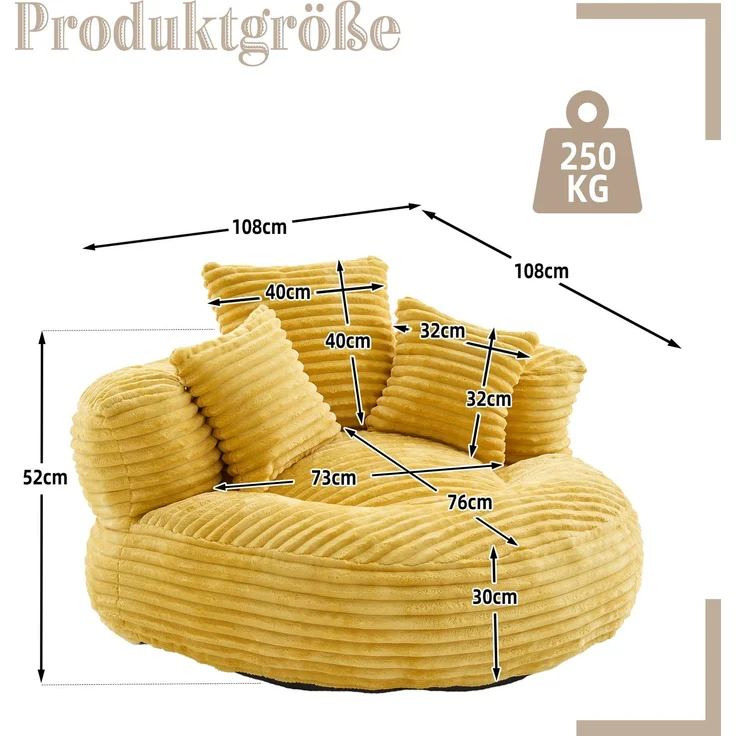 EINHOM Cord-Sitzsack – ein strapazierfähiger und bequemer Liegesessel. Sitzsack mit hoher Rückenlehne, ausgestattet mit drei Kissen, geeignet für Erwachsene und Kinder (gelber Cord) – Bild 6