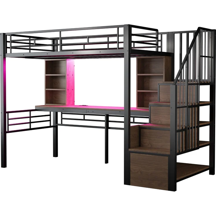 Merax Hochbett Kinderbett 90×200 cm, Jugendbett, Einzelbett mit Ablage, Schreibtisch, Steckdose und LED-Beleuchtung, Integrierter Stauraumtreppe (links/rechts montierbar), Schwarz – Bild 9
