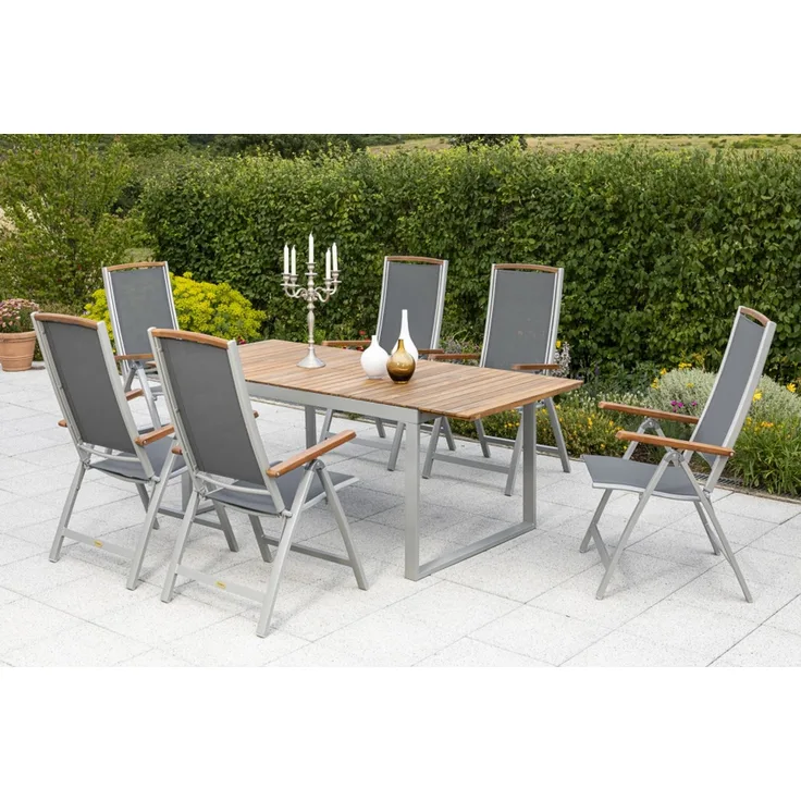 Siena Gartenmöbel Set 7tlg, Klappsessel & Ausziehtisch, silber/schwarz