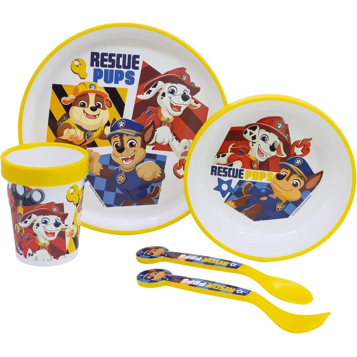 Paw Patrol Kindergeschirr Set 5-teilig Rutschfestes Ess-Set mit Teller, Schüssel, Becher & Besteck – Bild 2