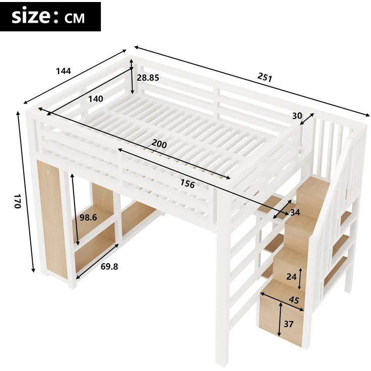 140x200 cm großes Gaming-Hochbett aus Metall mit LED-Beleuchtung, USB, Schreibtisch, offenem Kleiderschrank, Treppe und Staufächern, Weiß – Bild 5