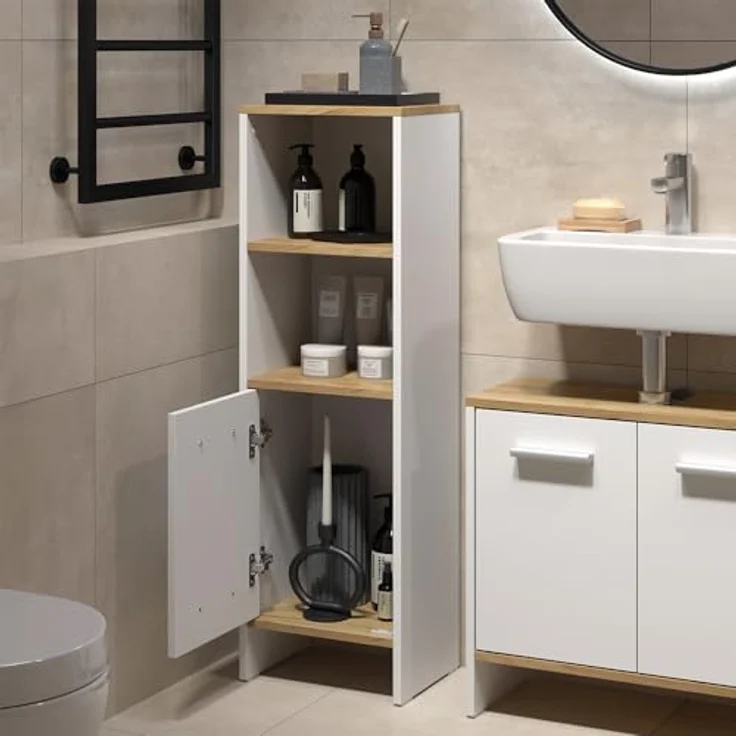 Vichy Badmöbel-Set Karli, 3-teilig in Weiss/Goldkraft Eiche, inklusive Waschbeckenunterschrank und zwei Midischränken – Bild 6
