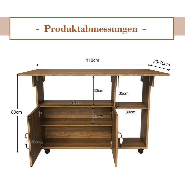 Flieks Mobile Kücheninsel 110x70x80 cm, klappbarer Küchentisch mit Rollen, Ablageböden & Stauraum, Esstisch und Sideboard, Braun – Bild 4