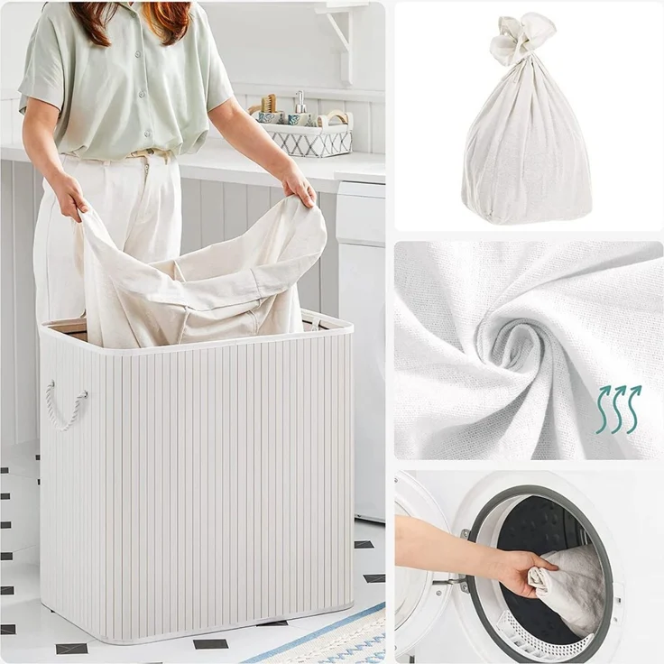 Songmics Wäschekorb mit 3 Fächern, Bambus Weiß, 150L / 60 x 40 x 61,5 cm – Bild 5