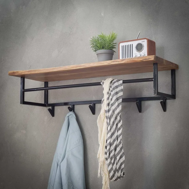 Garderobe Bord aus massivem Akazienholz, modern mit Hutablage und 6 Haken, Natur – Bild 5