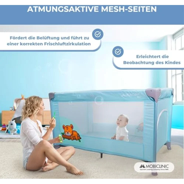 Mobiclinic®, Reisebett, Tragetasche, 2 in 1, Ultrakompakt faltbar, Herausnehmbare matratze, Mofli, Bis zu 15kg, Atmungsaktives gewebe, Seiteneingang mit reißverschluss, Baby laufstall (himmelblau) – Bild 9